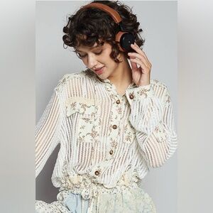 Floral Patch Open Knit Crochet Hoodie Jacket - POL